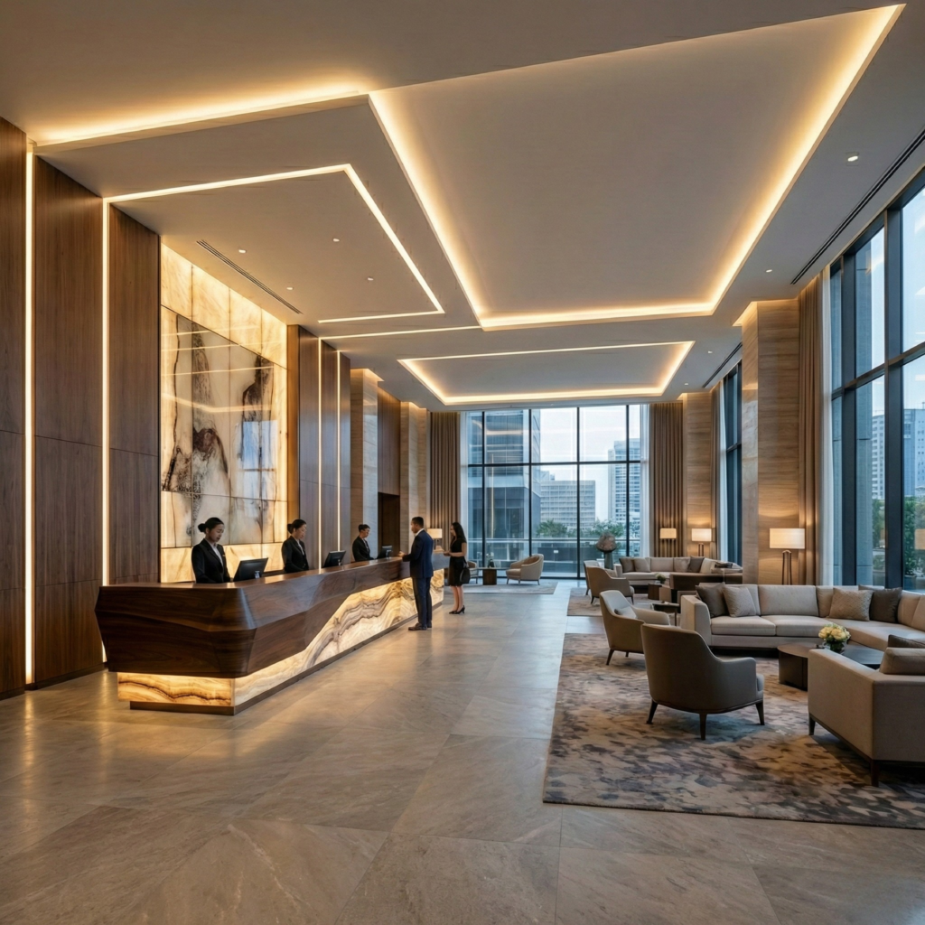 Tecnología Skyled de IKON Recepción de un hotel de lujo con iluminación de Tecnología Skyled de IKON