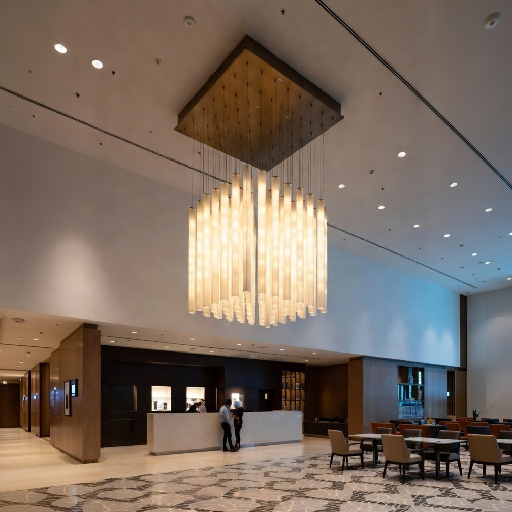 Iluminación colgante de Ikon en recepción de hotel